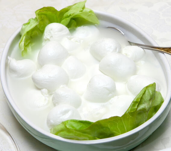 Buffalo mozzarella in ceramic dish with salad
