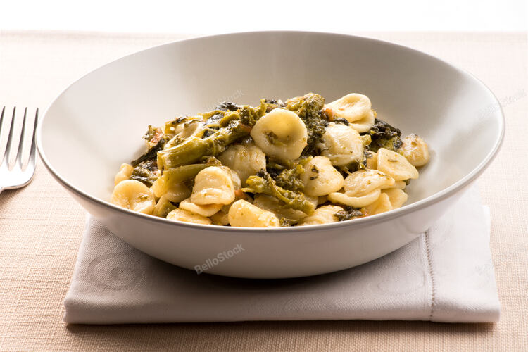 Bowl of Orecchiette Con Cime di Rapa, or orecchiette pasta w