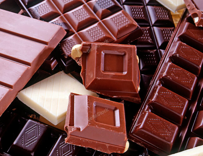 Chocolate bars and pieces in milk, dark, and white varieties