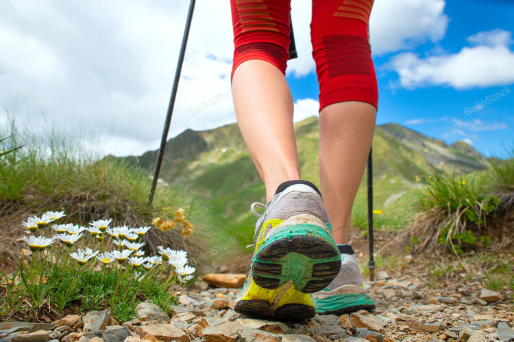 Feet of a woman who hikes in the mountains with nordic walki