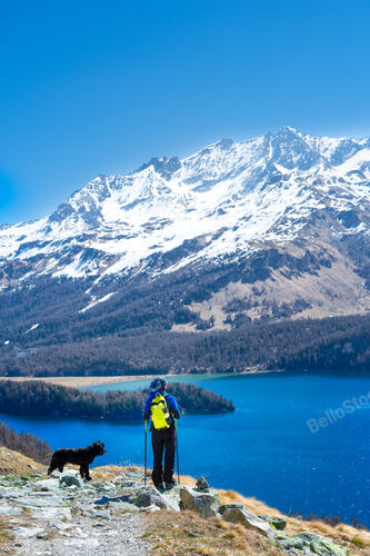 Girl in hiking mountain with her faithful dog Above an alpin