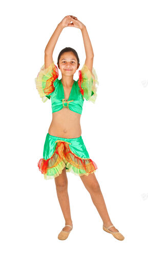 Teenage girl dancing with Latin American clothing on white b