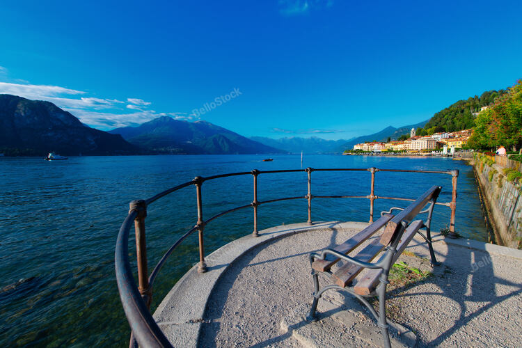 Balcony with panoramic bench on Lake Como in Bellagio.