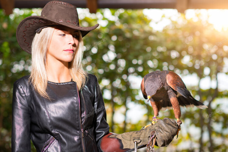 Beautiful blond woman holding an harris hawkon a protective 