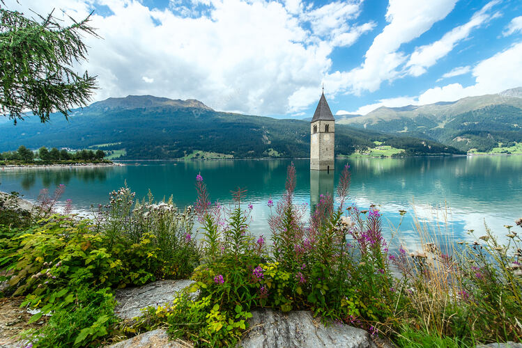 Bell tower of the Reschensee (Resia) South Tyrol Italy