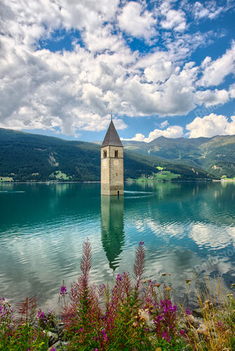 Bell tower of the Reschensee (Resia) South Tyrol Italy