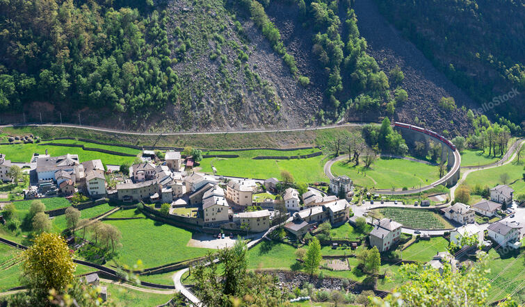 Bernina red train during the passage to the Brusio helicoida