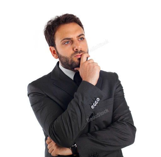 Young businessman thinking and reflecting on white backgroun